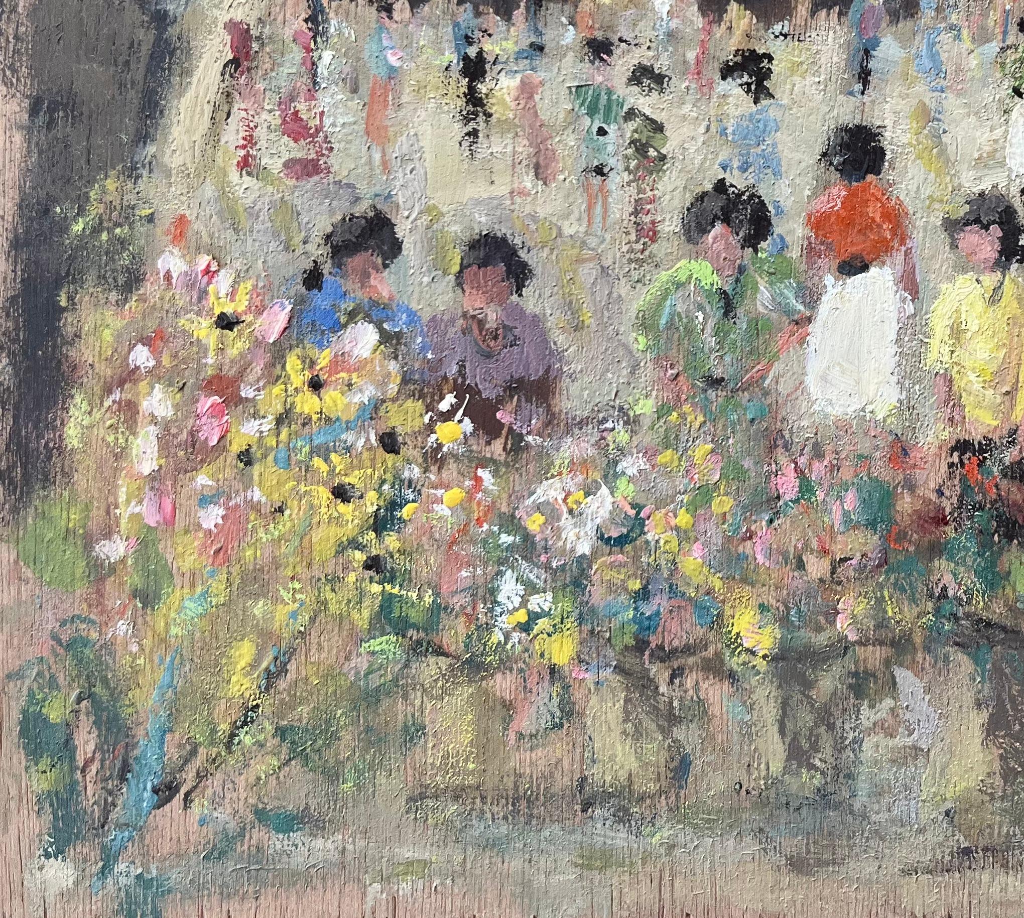 French Impressionist Oil Painting of a Bustling Flower Market with Figures For Sale 3