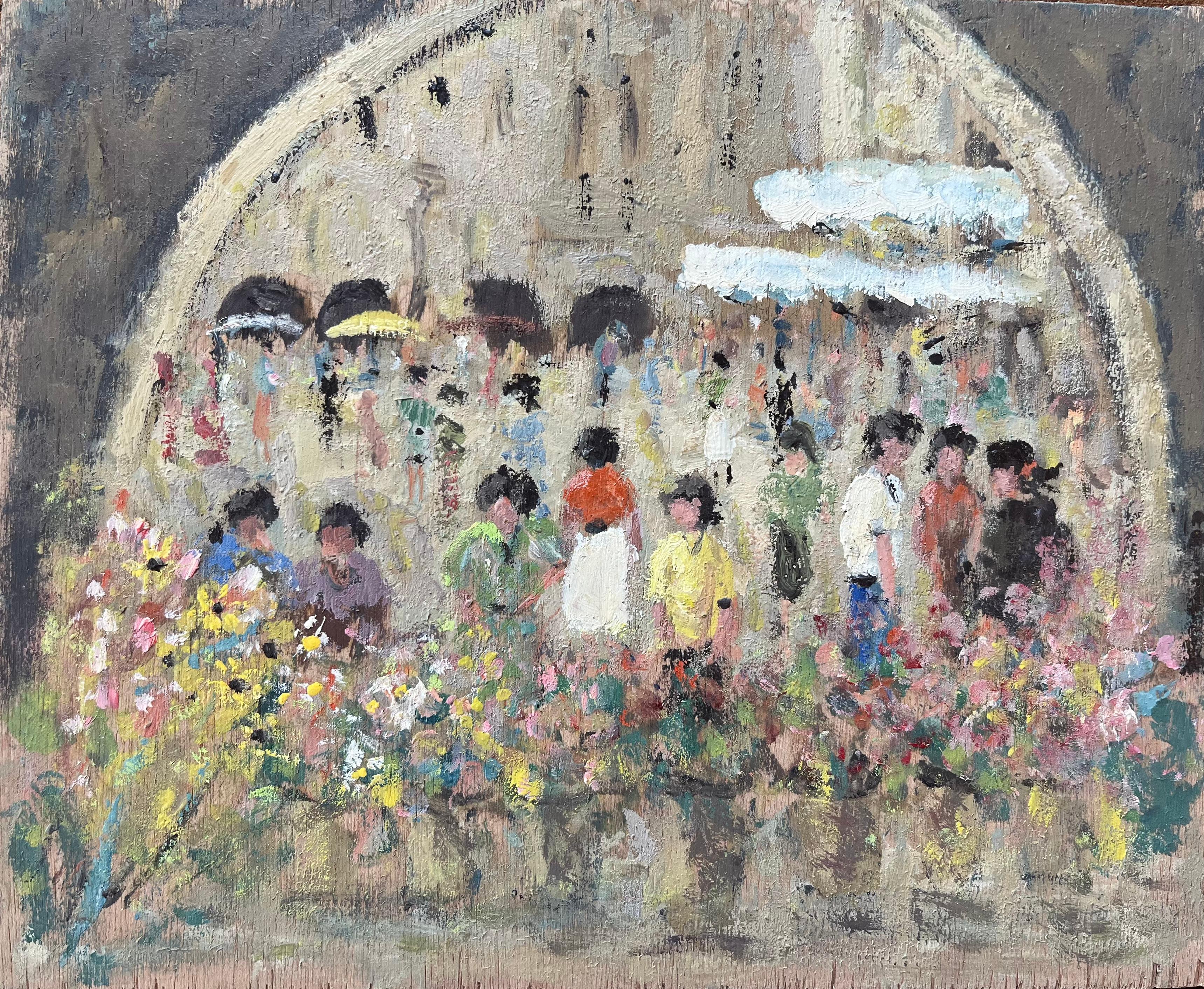 Fanch Lel Landscape Painting - French Impressionist Oil Painting of a Bustling Flower Market with Figures