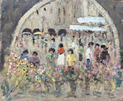 French Impressionist Oil Painting of a Bustling Flower Market with Figures