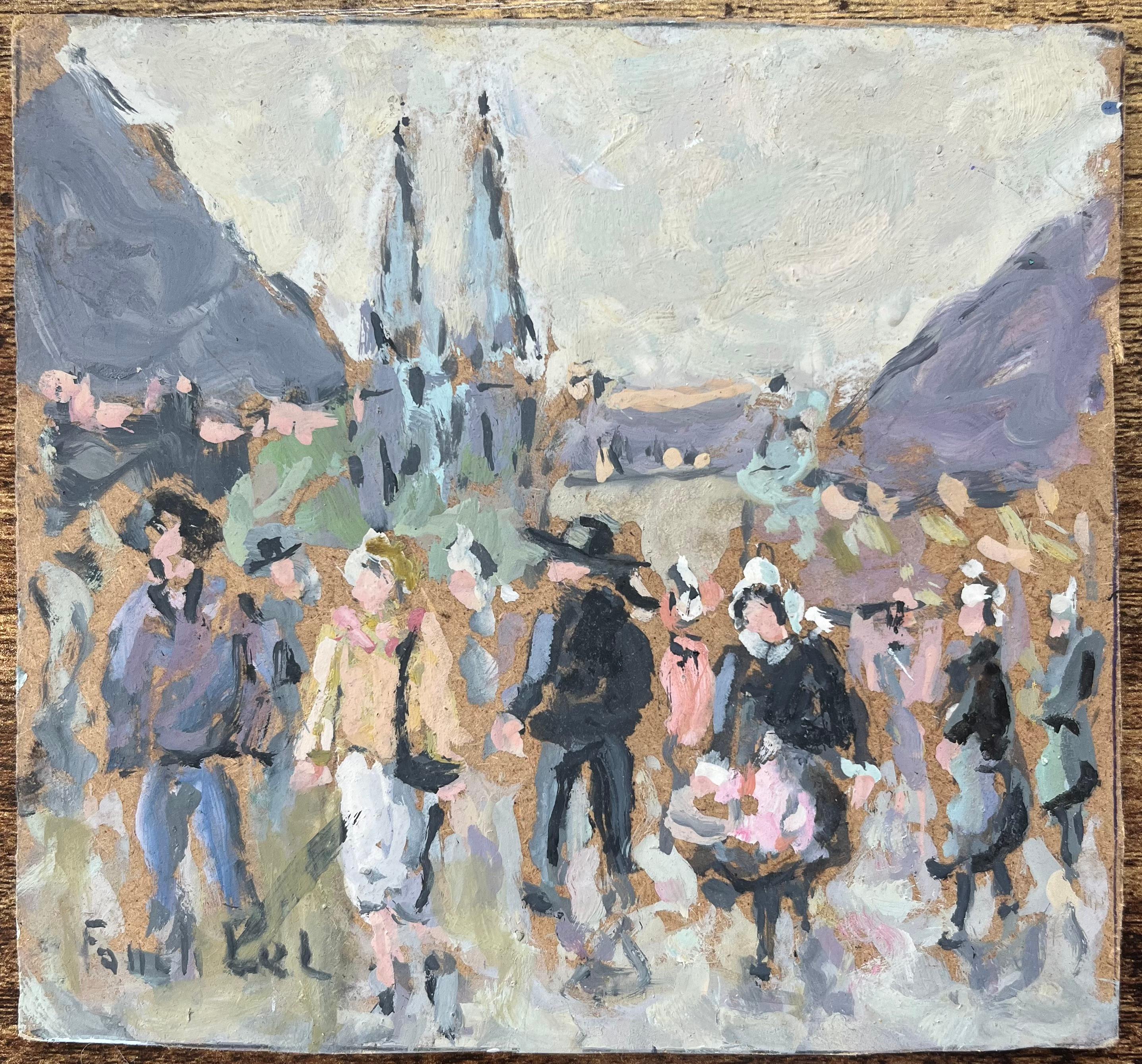 Quadro a olio impressionista francese raffigurante una scena movimentata al mercato di Quimper - Painting di Fanch Lel