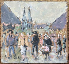 Óleo impresionista francés de una bulliciosa escena en el mercado de Quimper