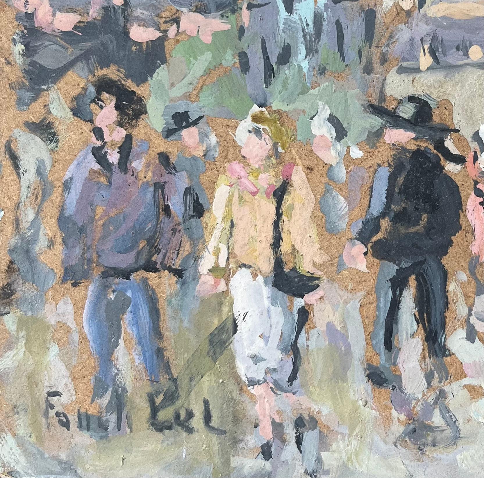 Quadro a olio impressionista francese raffigurante una scena movimentata al mercato di Quimper - Figurative Painting Grigio di Fanch Lel