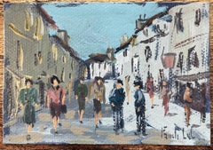 Peinture à l'huile impressionniste française d'un village animé de Dol-de-Bretagne