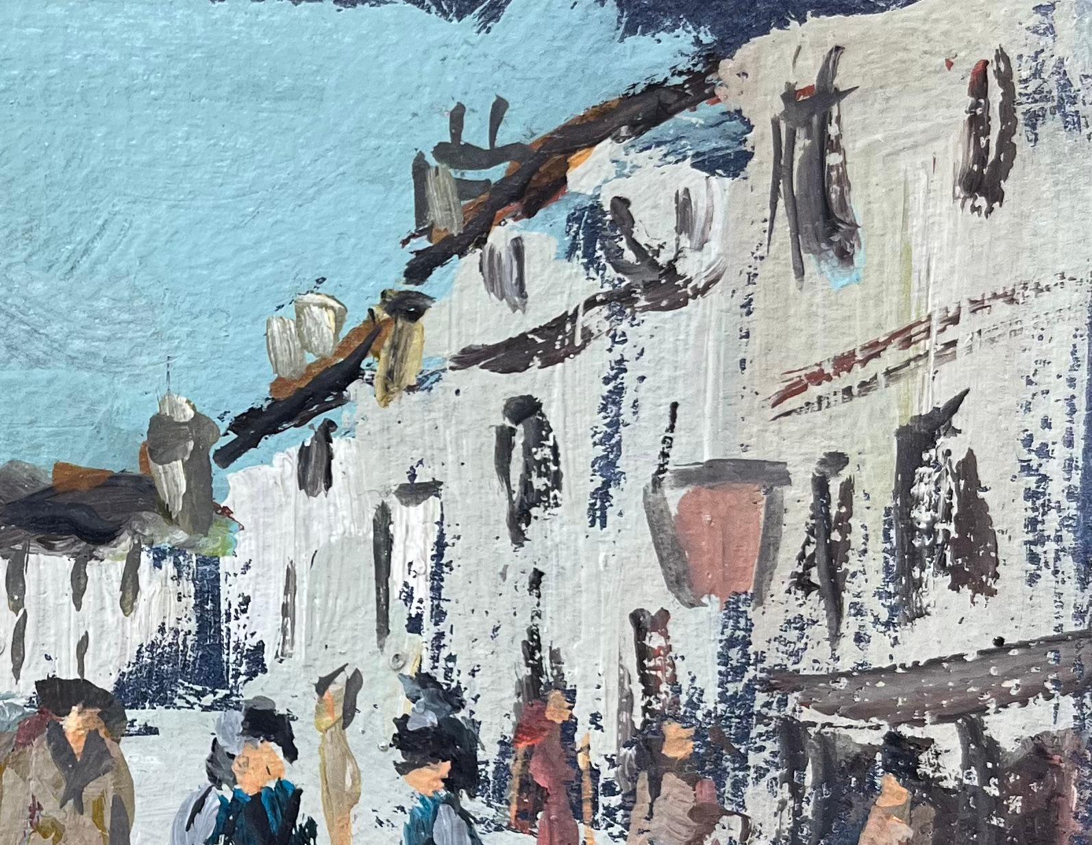 Título: Óleo impresionista francés de un bullicioso pueblo de Dol-de-Bretagne
Por Fanch Lel (francés, 1930)
Tamaño: 4,25 x 6,25 pulgadas (alto x ancho)
Firmado: Sí
Óleo sobre cartón, sin enmarcar
Estado de conservación: El cuadro está en buen