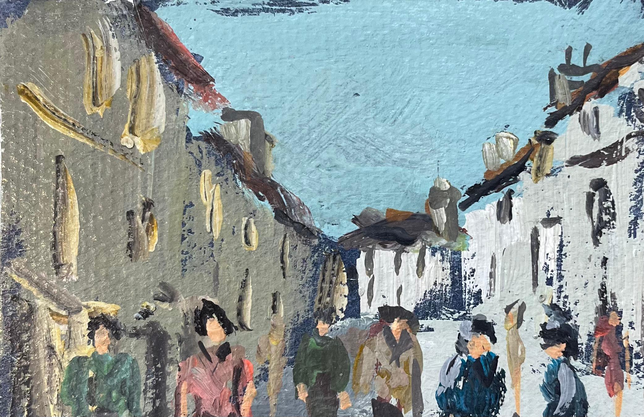 Óleo impresionista francés de un bullicioso pueblo de Dol-de-Bretagne en venta 1