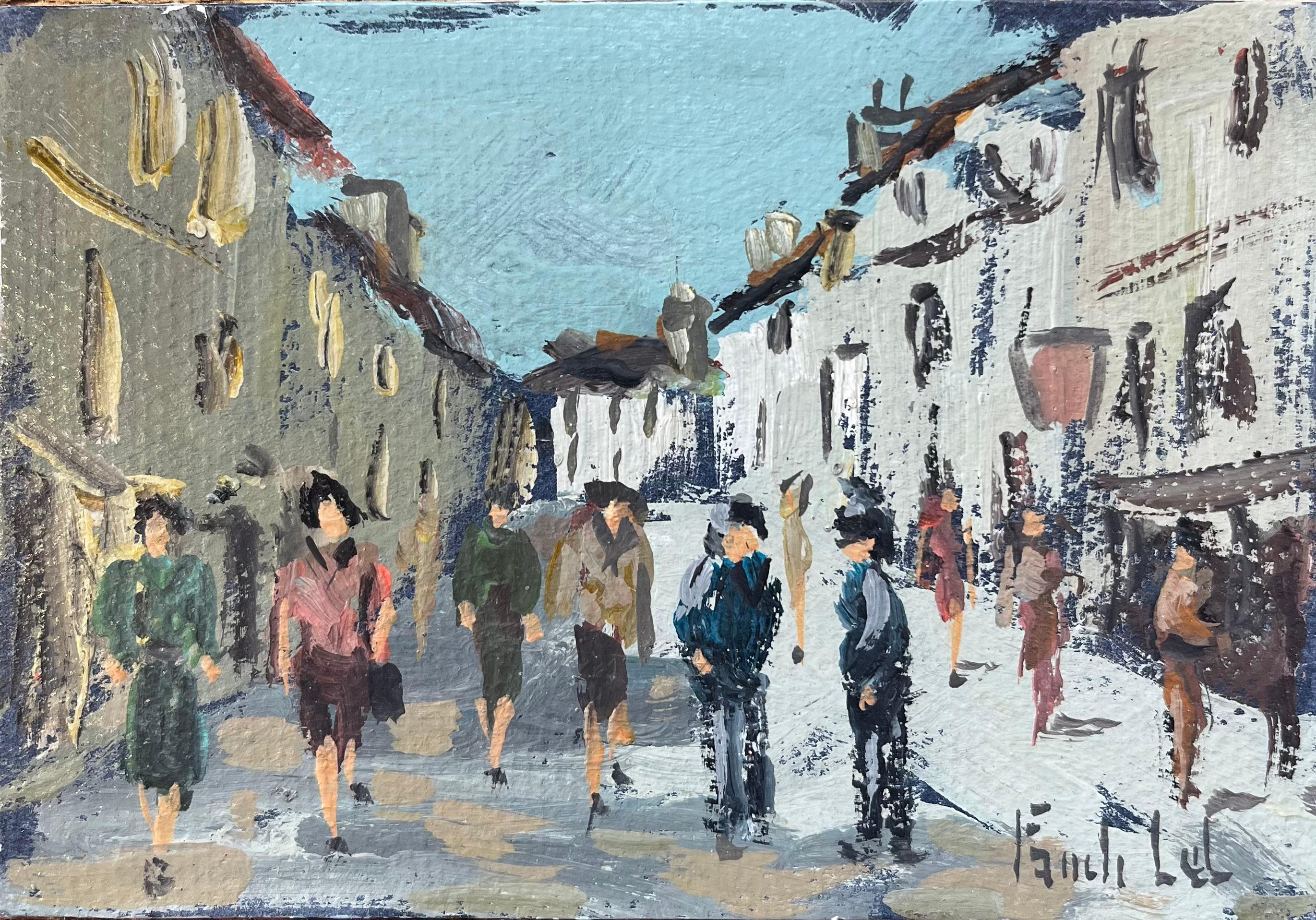 Landscape Painting de Fanch Lel - Óleo impresionista francés de un bullicioso pueblo de Dol-de-Bretagne