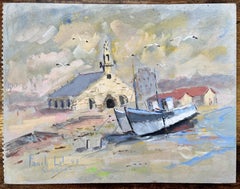 Peinture à l'huile impressionniste française représentant une chapelle et un bateau de pêche au Camaret