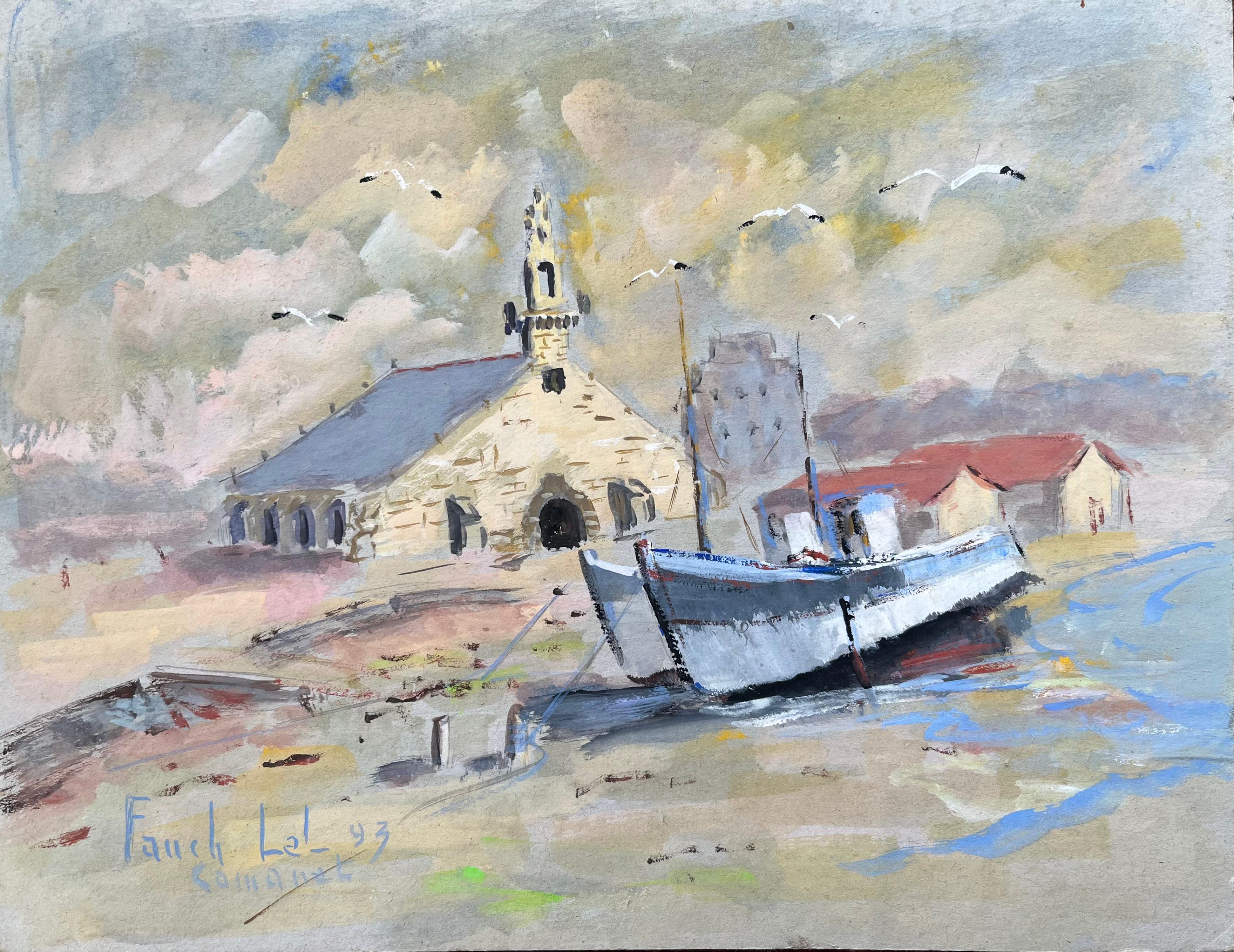 Fanch Lel Landscape Painting - French Impressionist Oil Painting of a Chapel and Fishing Boat in Camaret