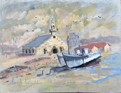 French Impressionist Oil Painting of a Chapel and Fishing Boat in Camaret