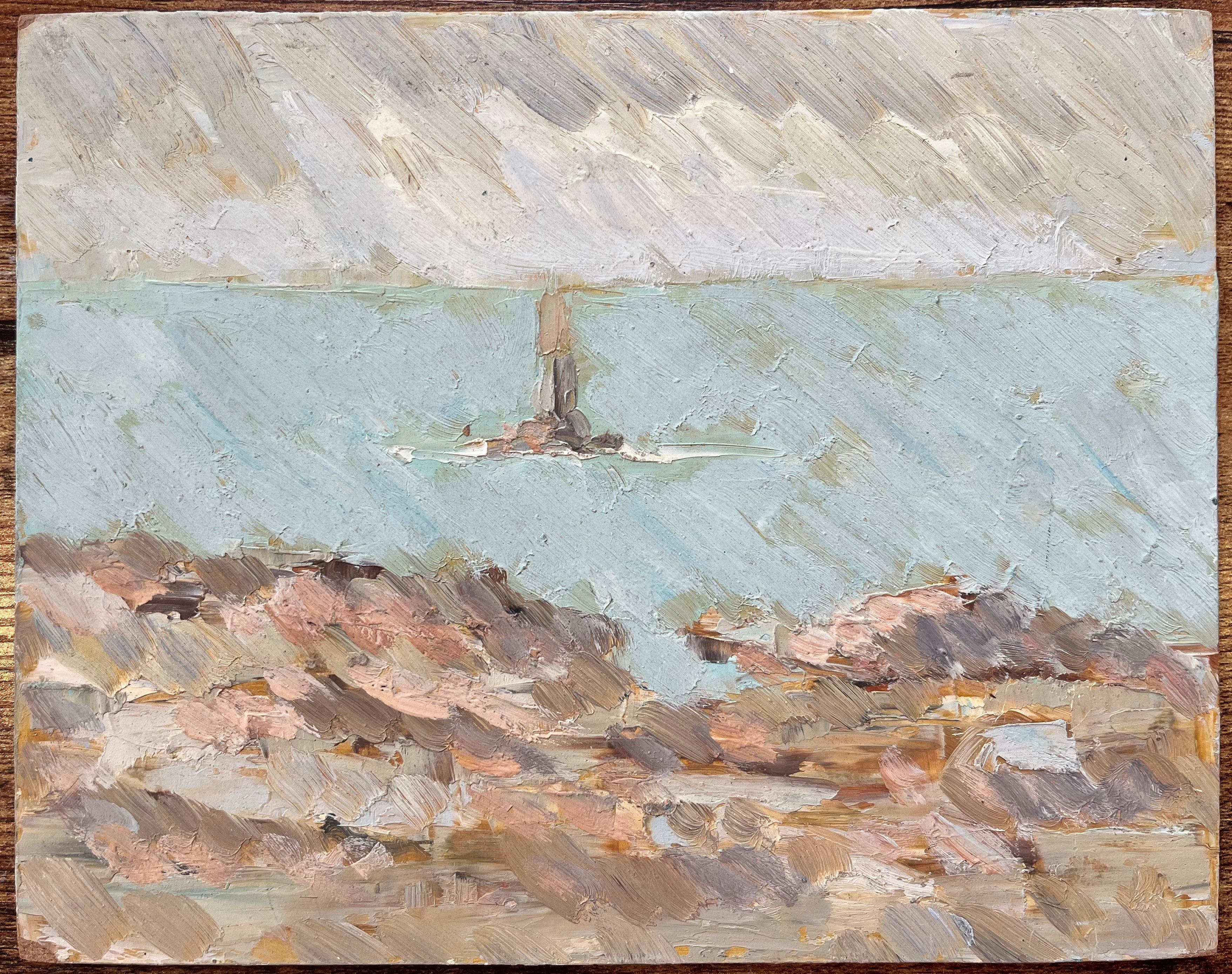 Quadro a olio impressionista francese raffigurante un faro costiero - Painting di Fanch Lel