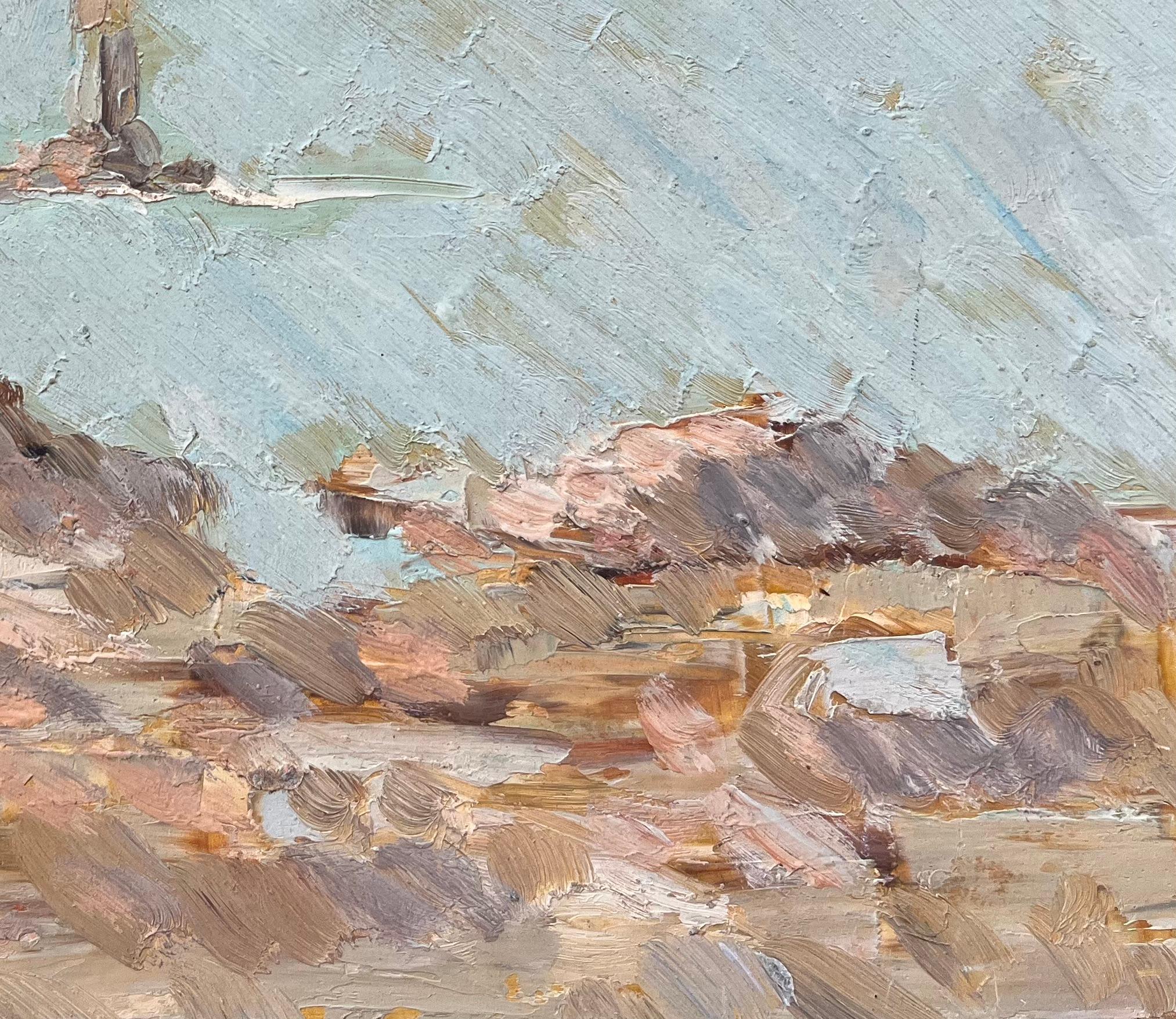 Quadro a olio impressionista francese raffigurante un faro costiero - Figurative Painting Grigio di Fanch Lel