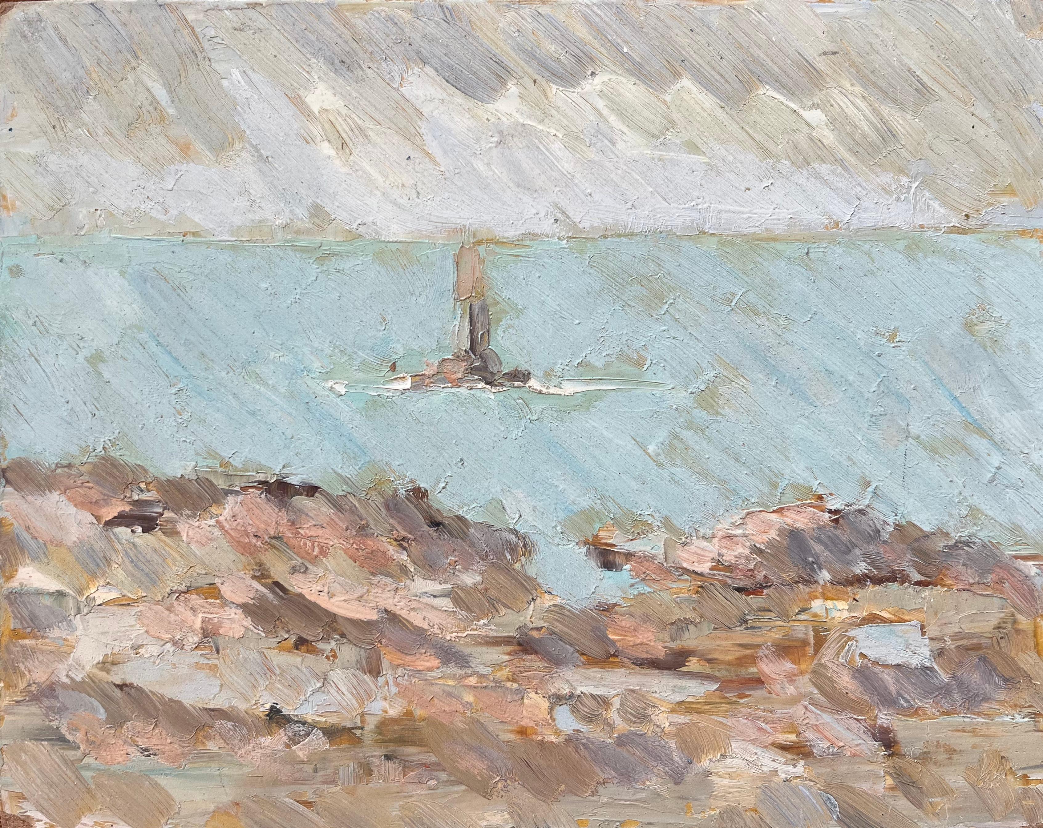Figurative Painting di Fanch Lel - Quadro a olio impressionista francese raffigurante un faro costiero