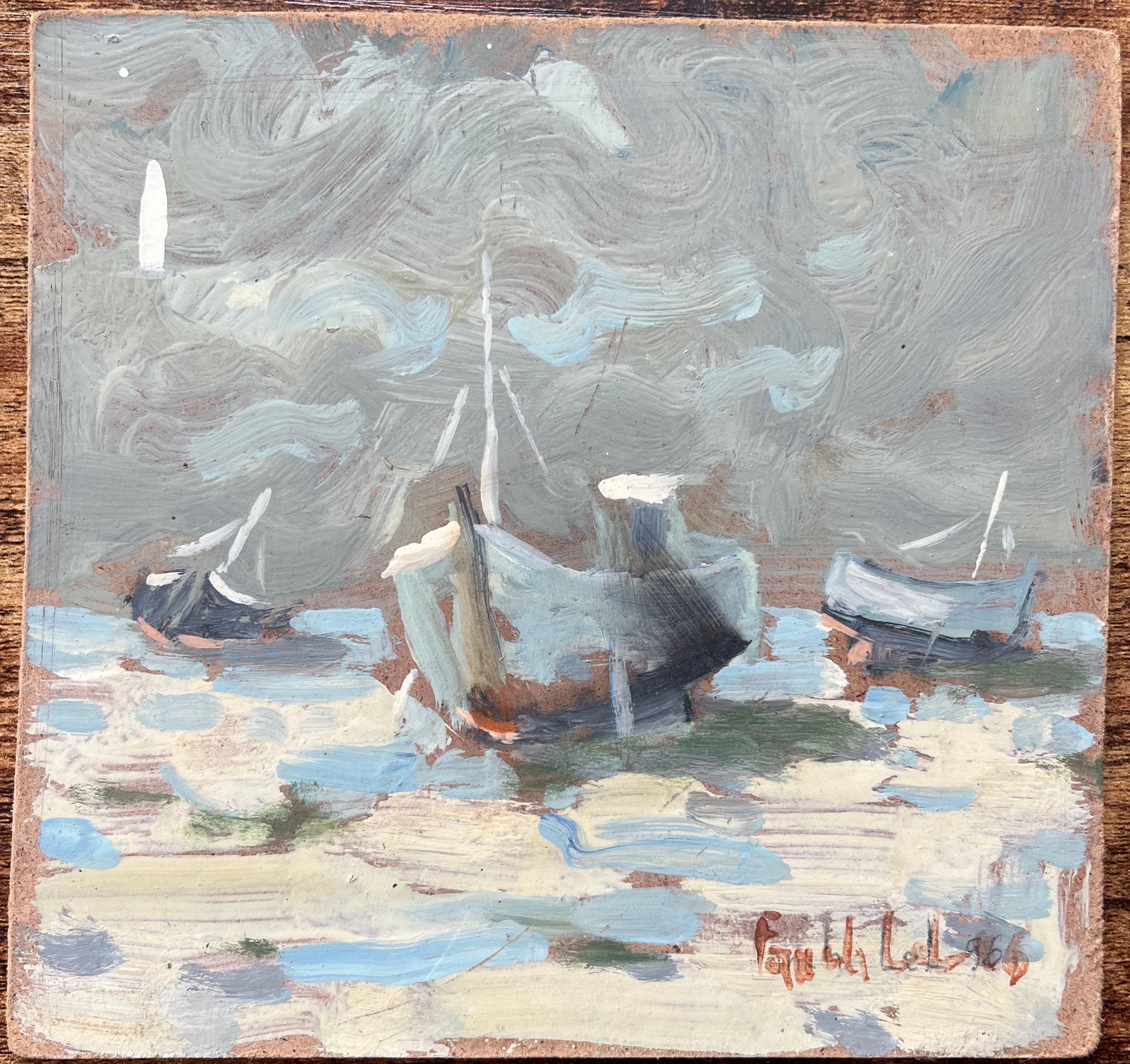 French Impressionist Oil Painting of a Coastal Scene with Boats at Low Tide - Gray Landscape Painting by Fanch Lel