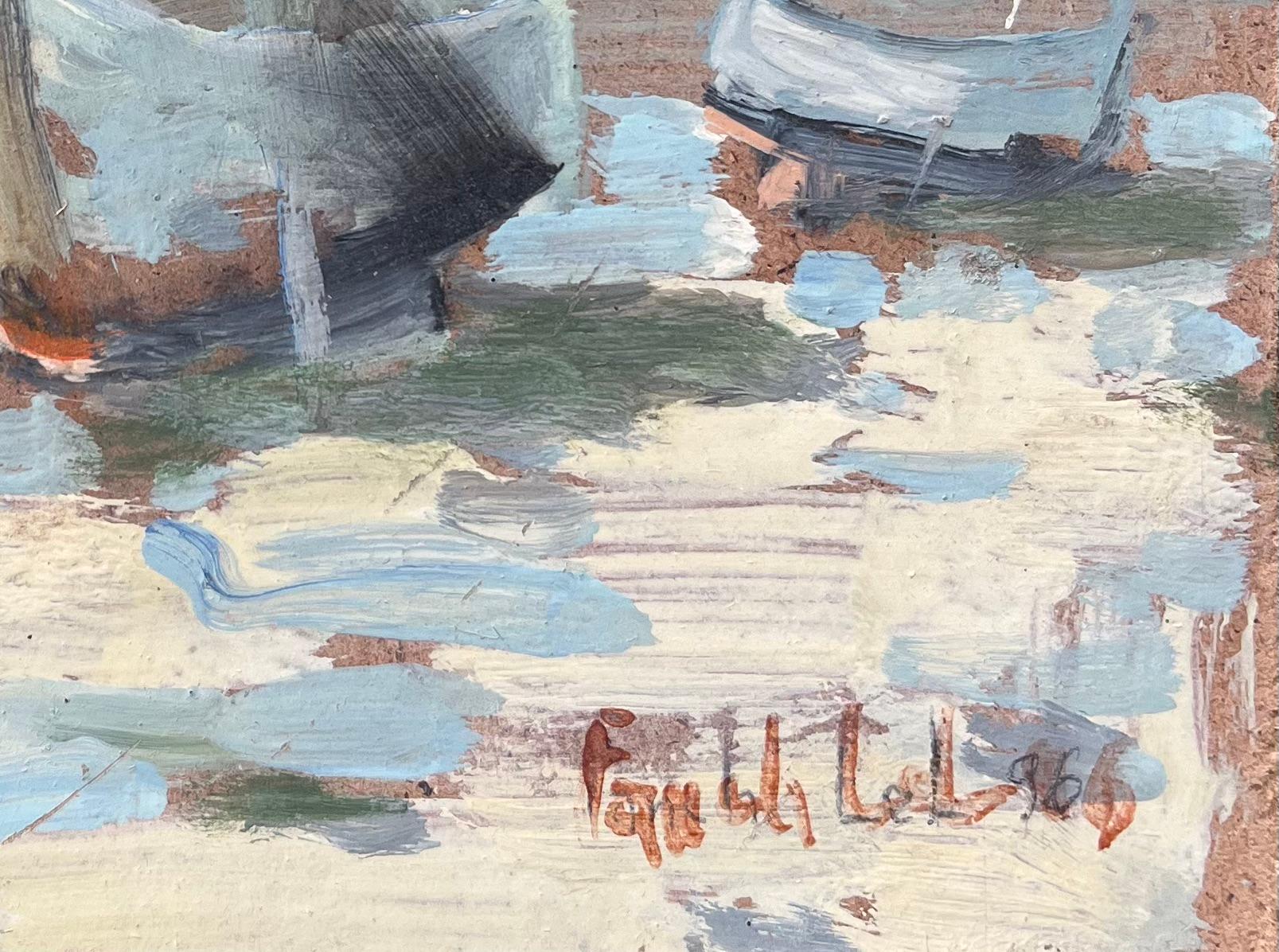 Title: French Impressionist Oil Painting of a Coastal Scene with Boats at Low Tide
By Fanch Lel (French b. 1930)
Size: 6.75 x 7 inches (height x width)
Signed: Bottom right
Oil painting on board, unframed
Condition: the painting is in good