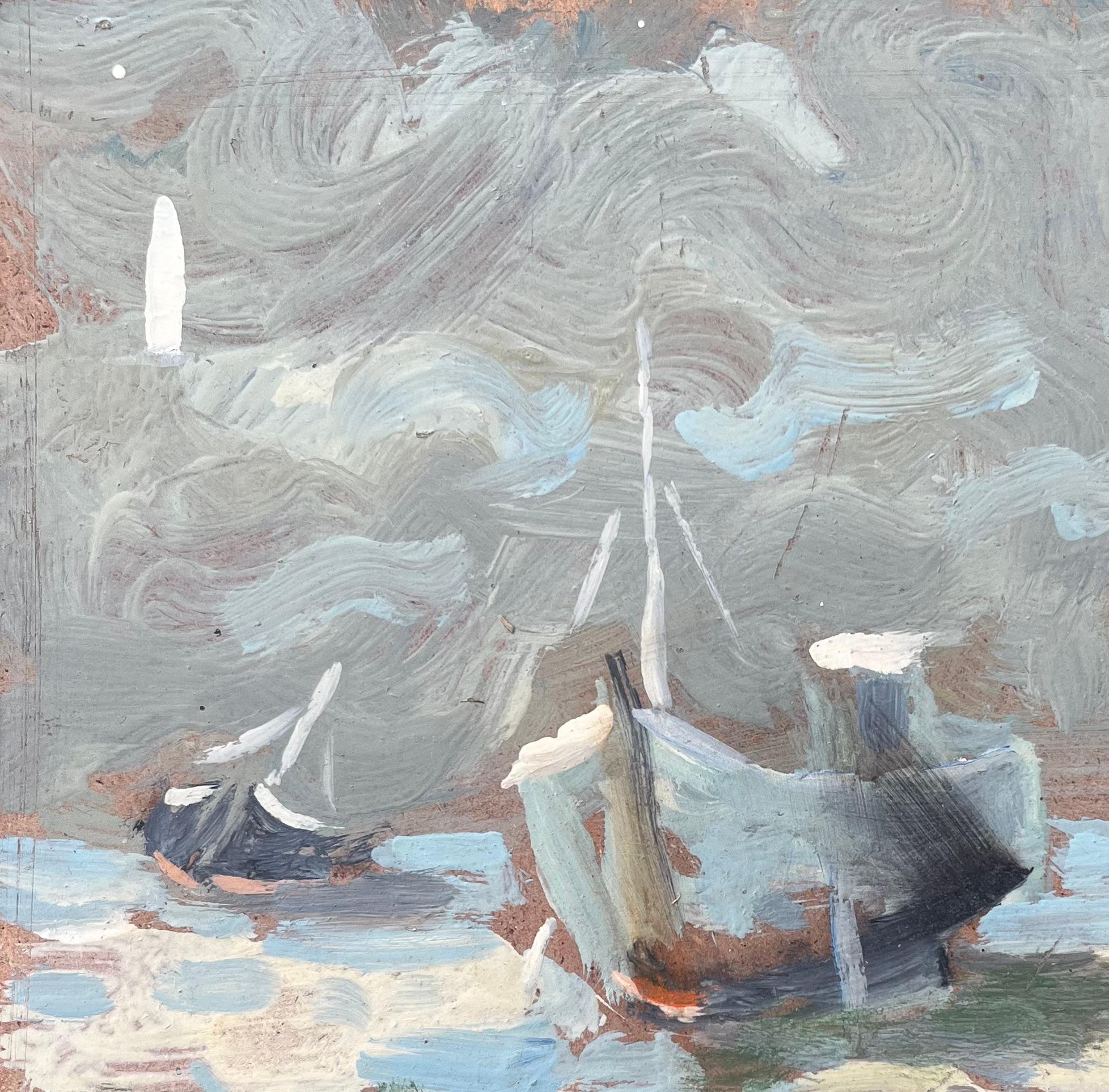 French Impressionist Oil Painting of a Coastal Scene with Boats at Low Tide For Sale 2