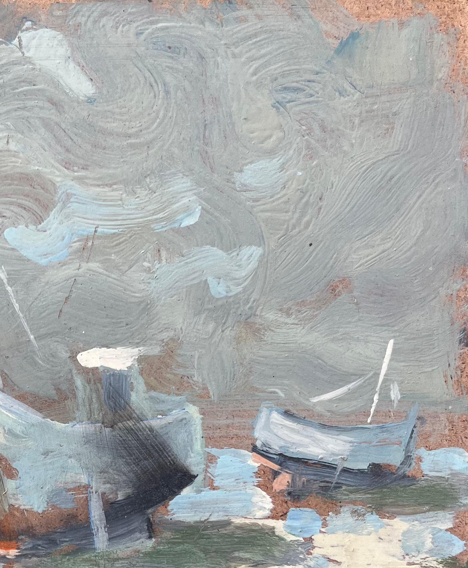 French Impressionist Oil Painting of a Coastal Scene with Boats at Low Tide For Sale 3