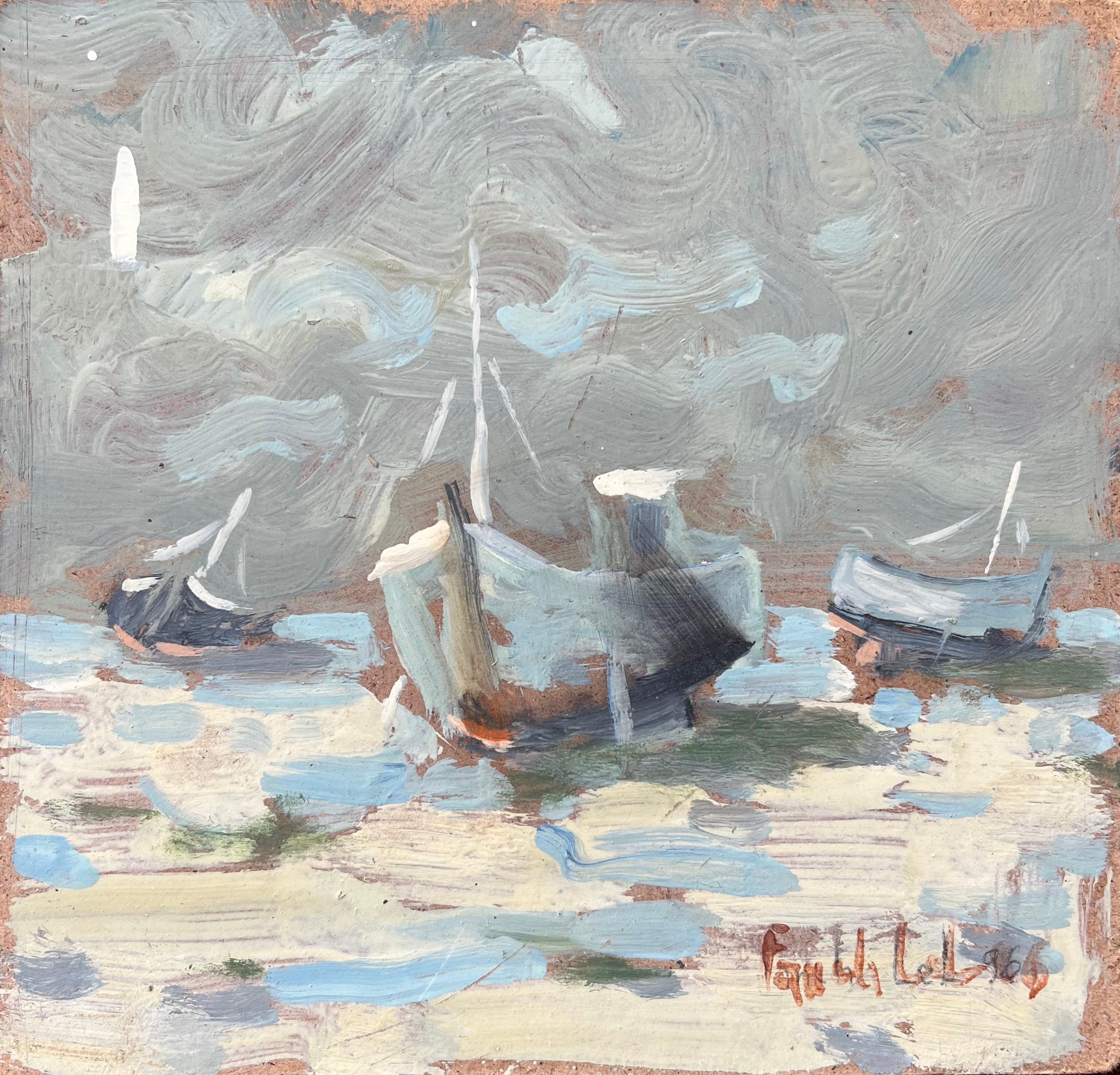 Fanch Lel Landscape Painting - French Impressionist Oil Painting of a Coastal Scene with Boats at Low Tide