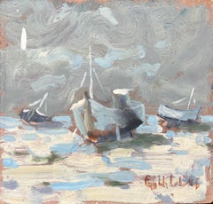 Vintage French Impressionist Oil Painting of a Coastal Scene with Boats at Low Tide