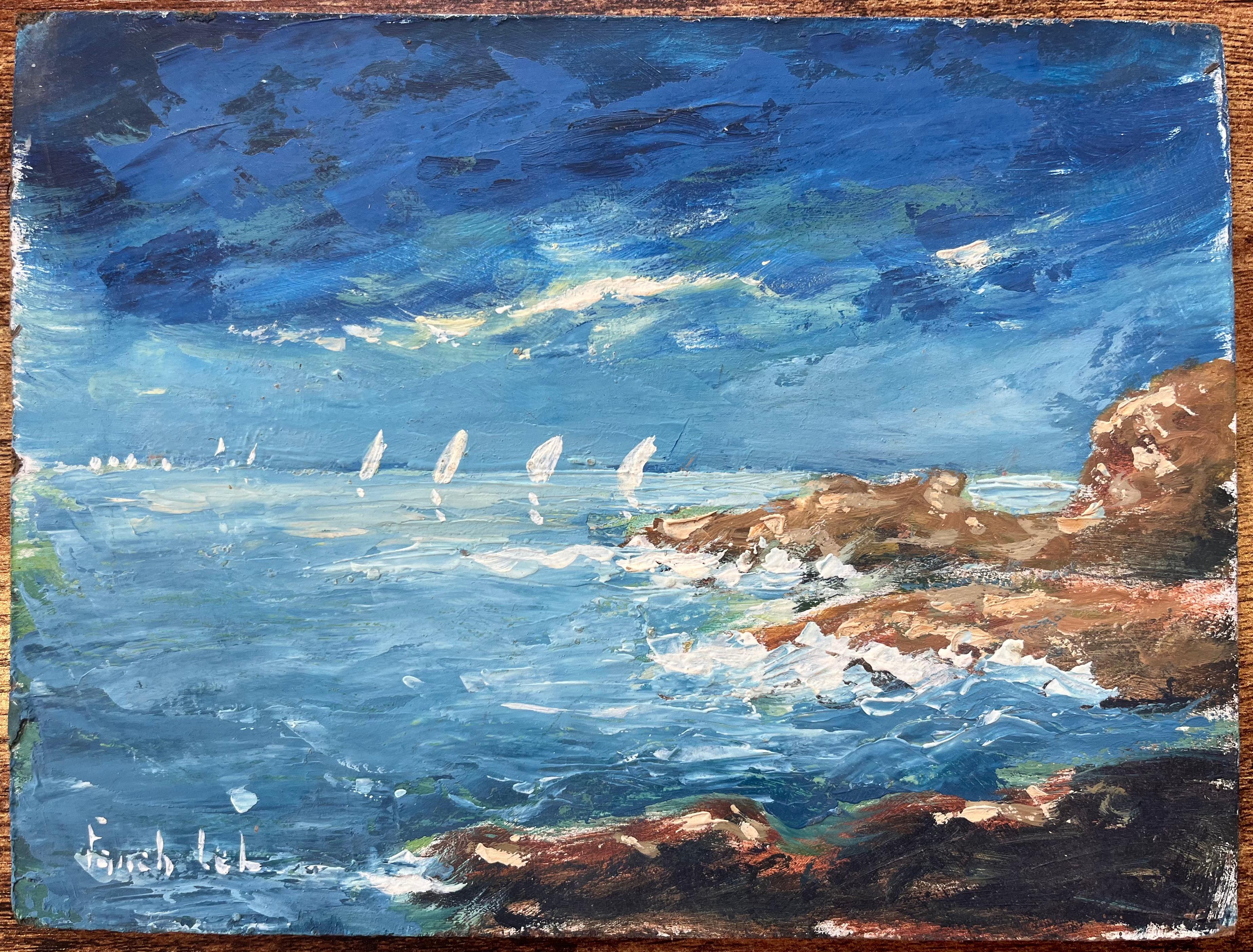 Pittura a olio impressionista francese di una scena costiera con barche a vela - Painting di Fanch Lel
