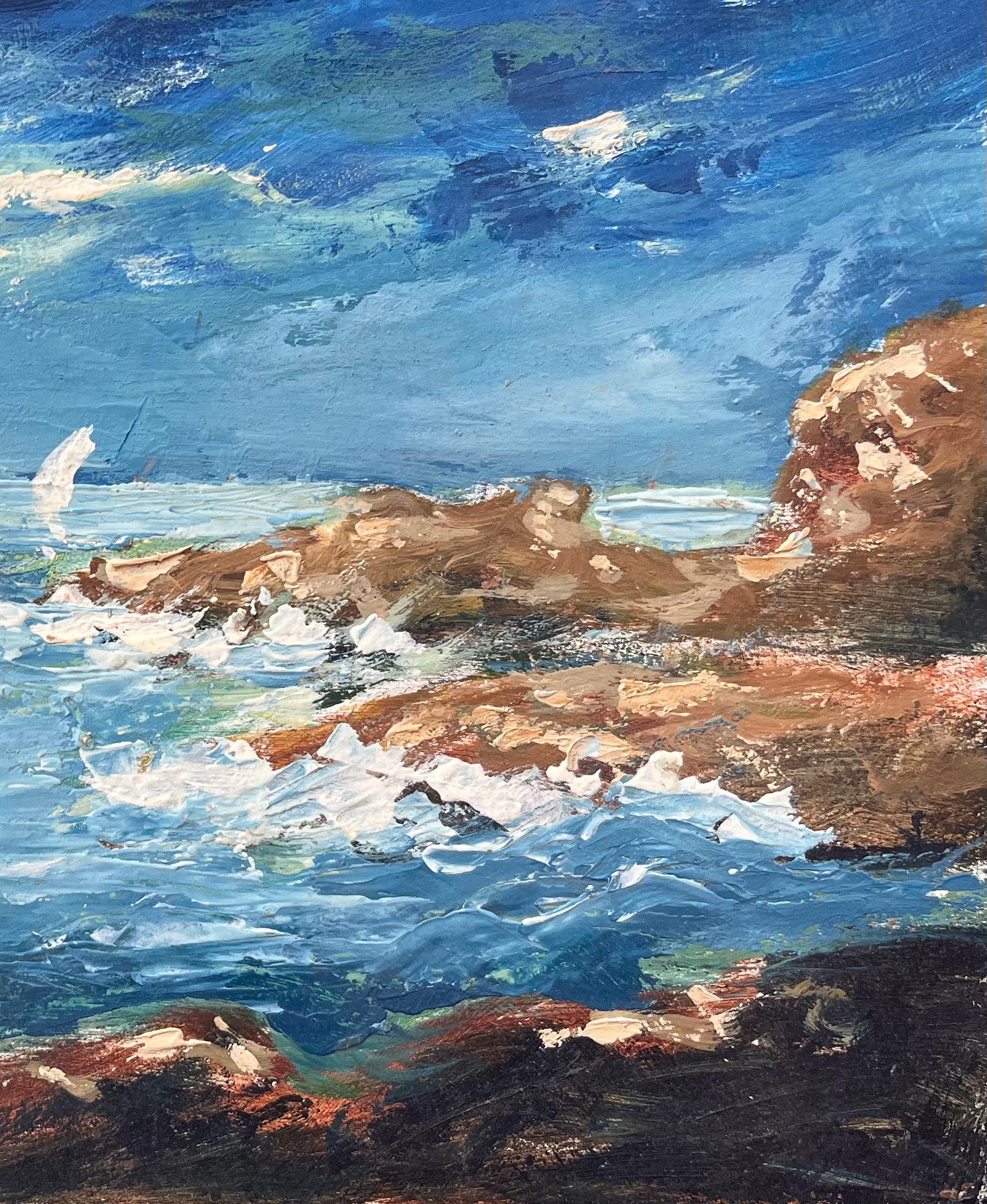 Pittura a olio impressionista francese di una scena costiera con barche a vela - Painting Impressionismo di Fanch Lel