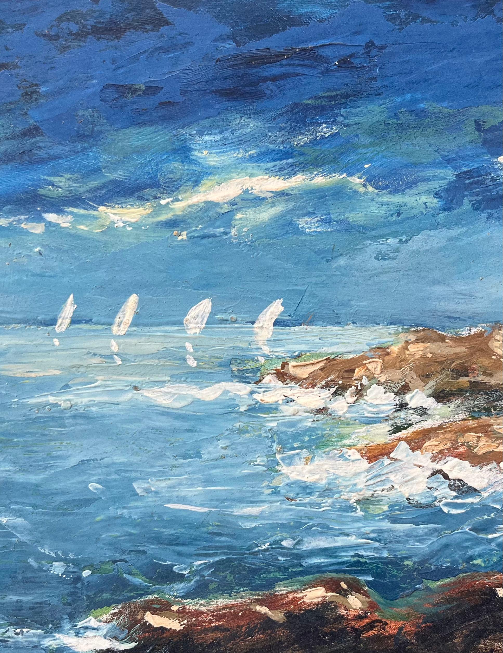 Pittura a olio impressionista francese di una scena costiera con barche a vela - Landscape Painting Blu di Fanch Lel