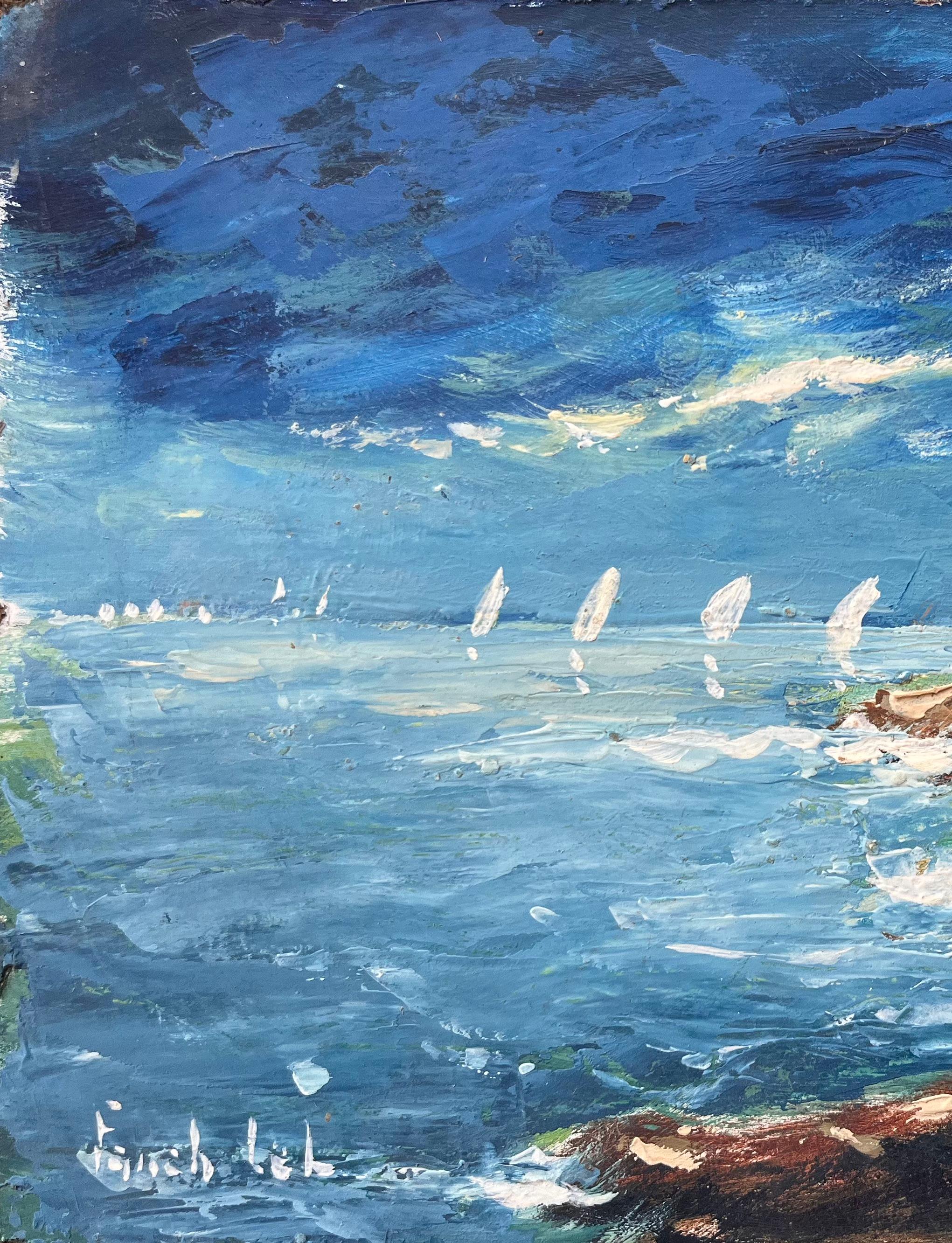 Titolo: Pittura a olio impressionista francese di una scena costiera con barche a vela
Di Fanch Lel (francese, nato nel 1930)
Dimensioni: 7 x 9,25 pollici (altezza x larghezza)
Firmato: Yes One
Pittura a olio su tavola, senza cornice
Condit: Il