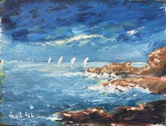 Pittura a olio impressionista francese di una scena costiera con barche a vela