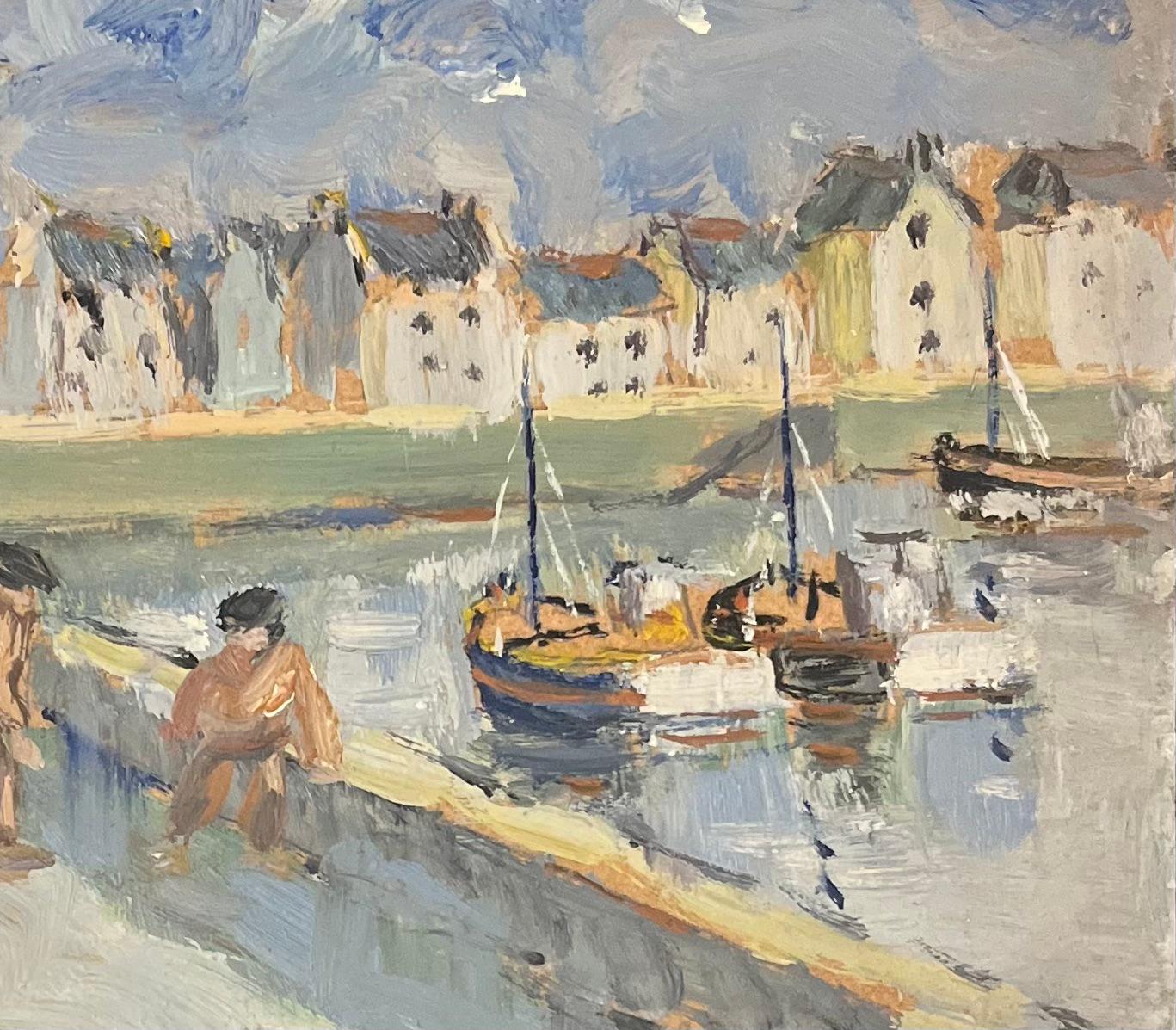 French Impressionist Oil Painting of a Coastal Village and Harbour with Figures - Gray Figurative Painting by Fanch Lel