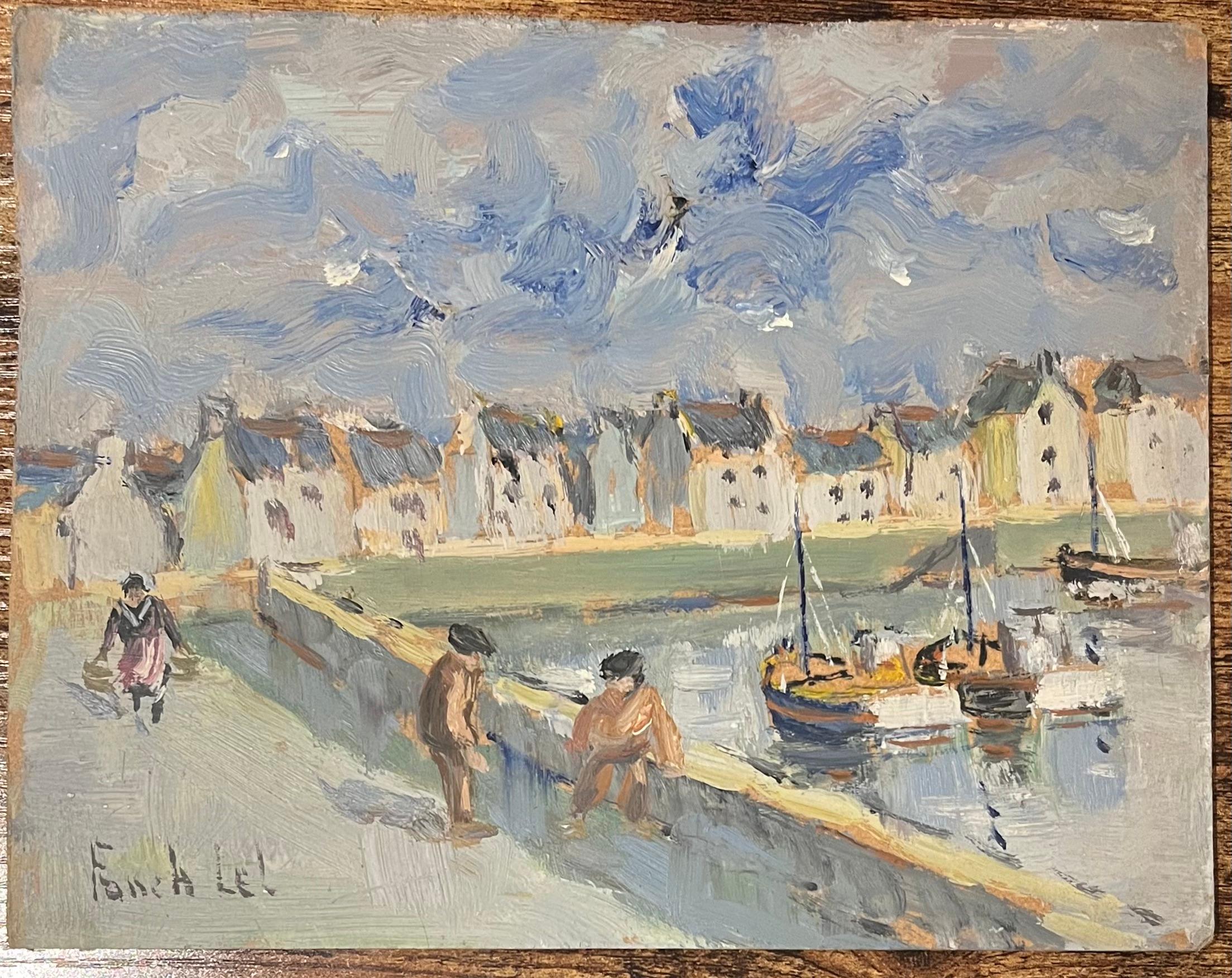 Title: French Impressionist Oil Painting of a Coastal Village and Harbour with Figures
By Fanch Lel (French b. 1930)
Size: 7.25 x 9.25 inches (height x width)
Signed: Yes
Oil painting on board, unframed
Condition: The painting is in good condition,
