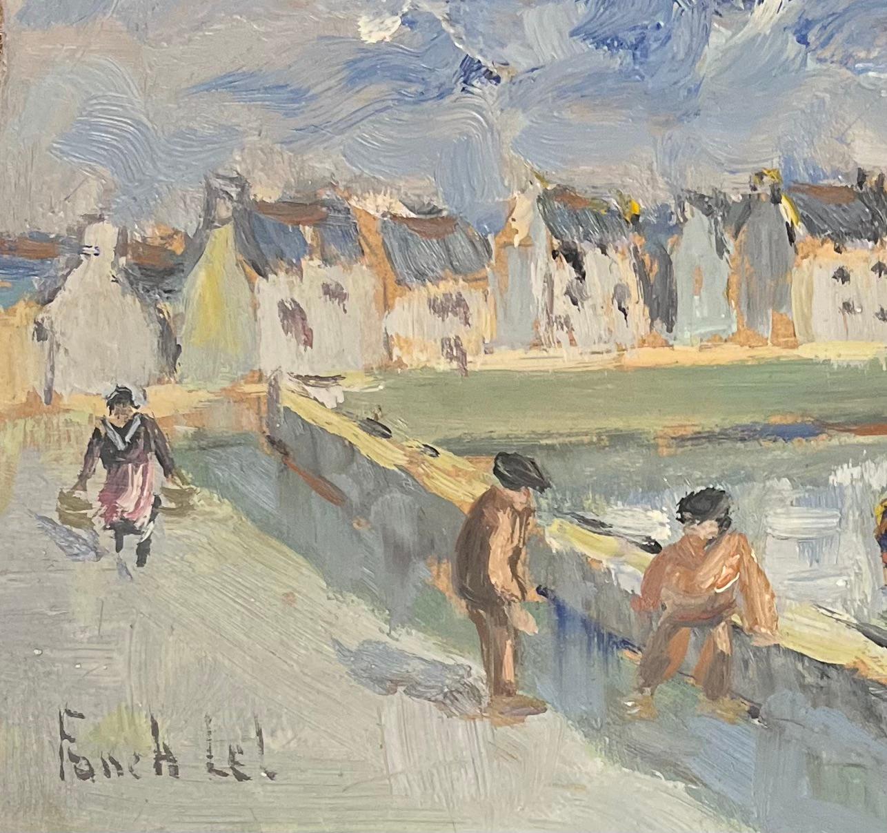 French Impressionist Oil Painting of a Coastal Village and Harbour with Figures 1