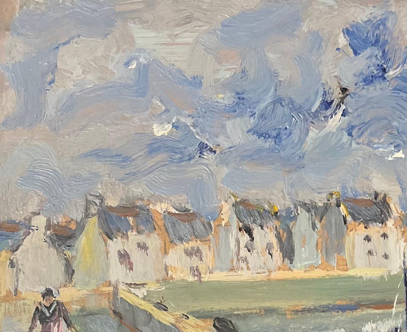 French Impressionist Oil Painting of a Coastal Village and Harbour with Figures 2
