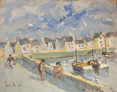 French Impressionist Oil Painting of a Coastal Village and Harbour with Figures