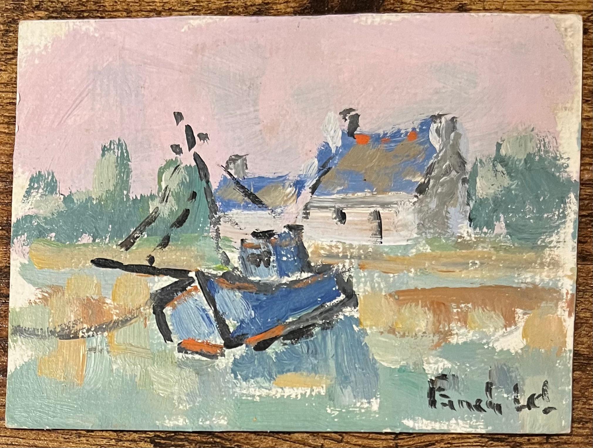Óleo impresionista francés de un pueblo costero del golfo de Morbihan - Painting de Fanch Lel