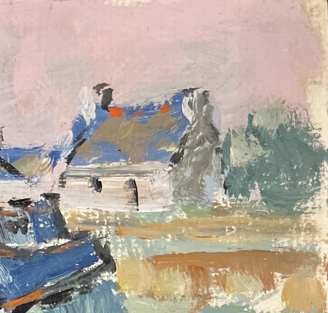 Óleo impresionista francés de un pueblo costero del golfo de Morbihan - Landscape Painting Beige de Fanch Lel