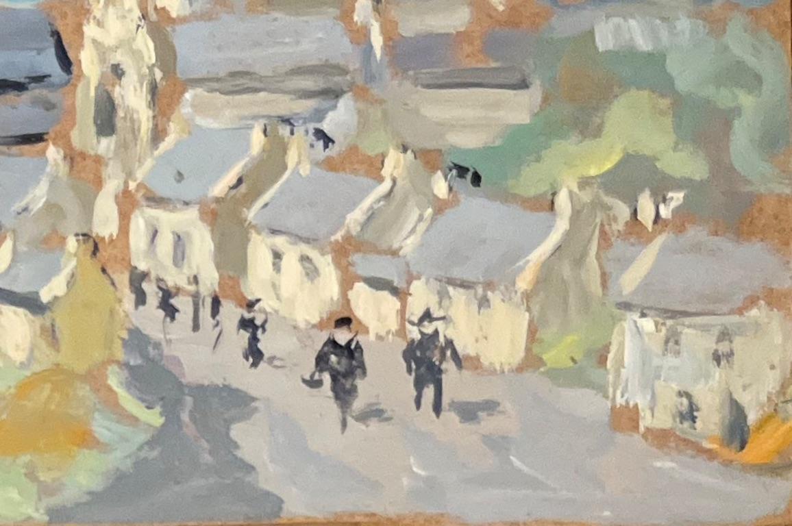 Französisches impressionistisches Ölgemälde einer Küstendorfszene, Vue de Roscoff, Impressionismus (Grau), Figurative Painting, von Fanch Lel