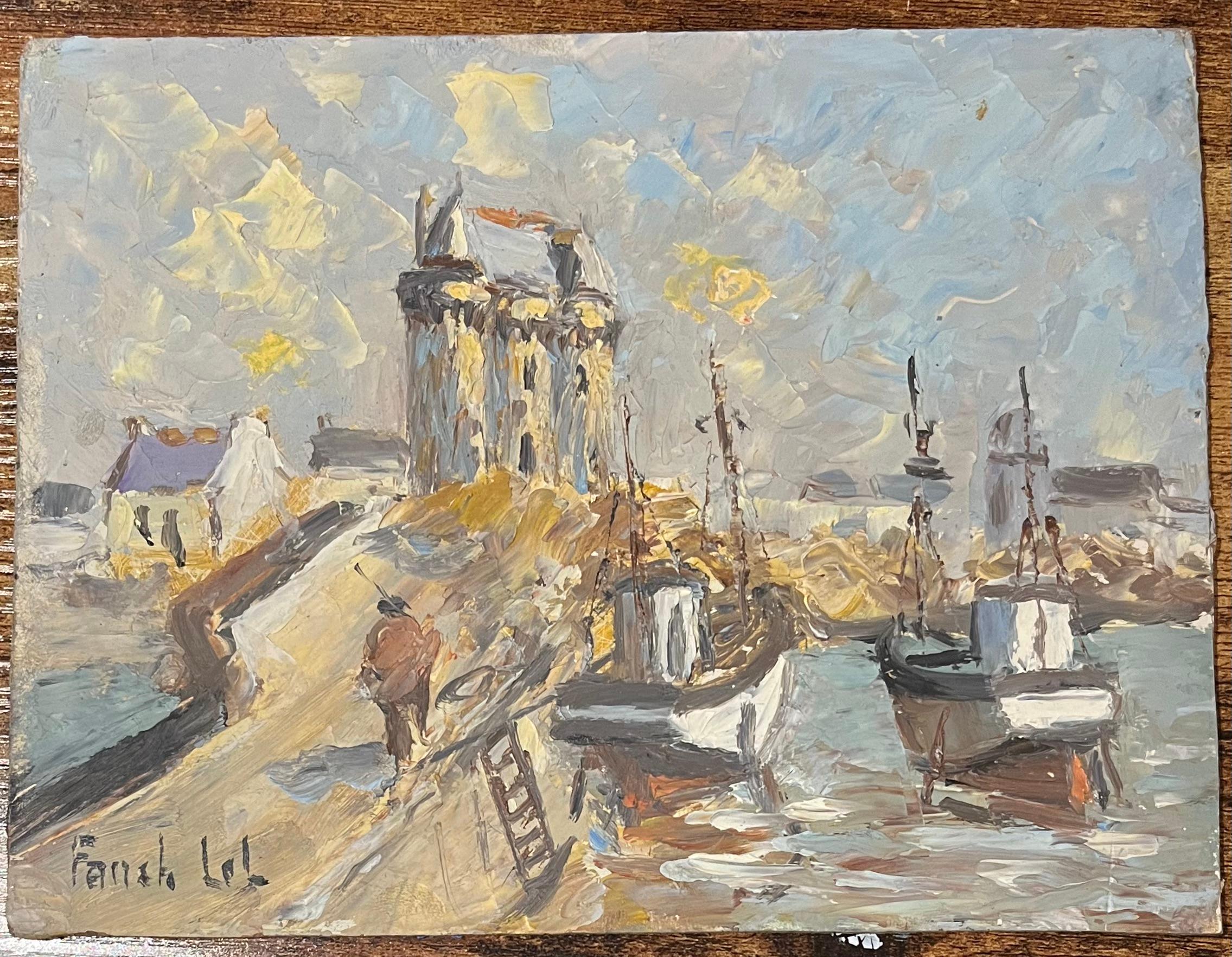 Pintura al óleo impresionista francesa de un pueblo costero con barcos atracados - Painting de Fanch Lel