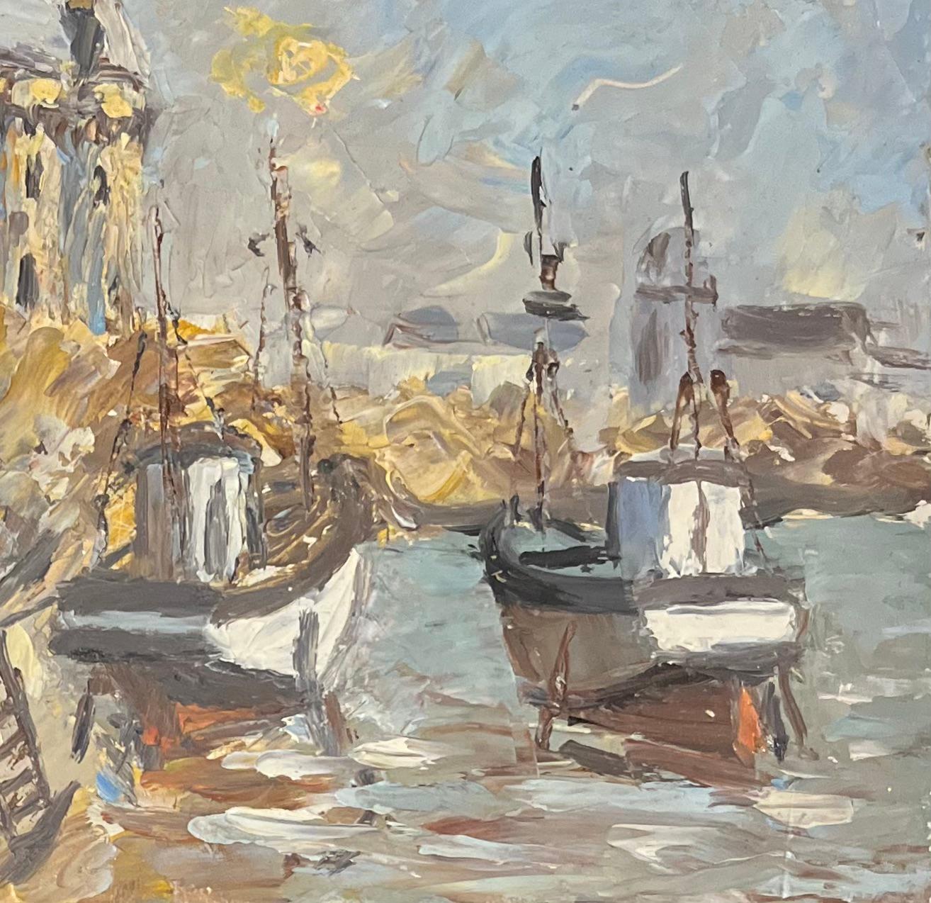 Pintura al óleo impresionista francesa de un pueblo costero con barcos atracados - Painting Impresionista de Fanch Lel