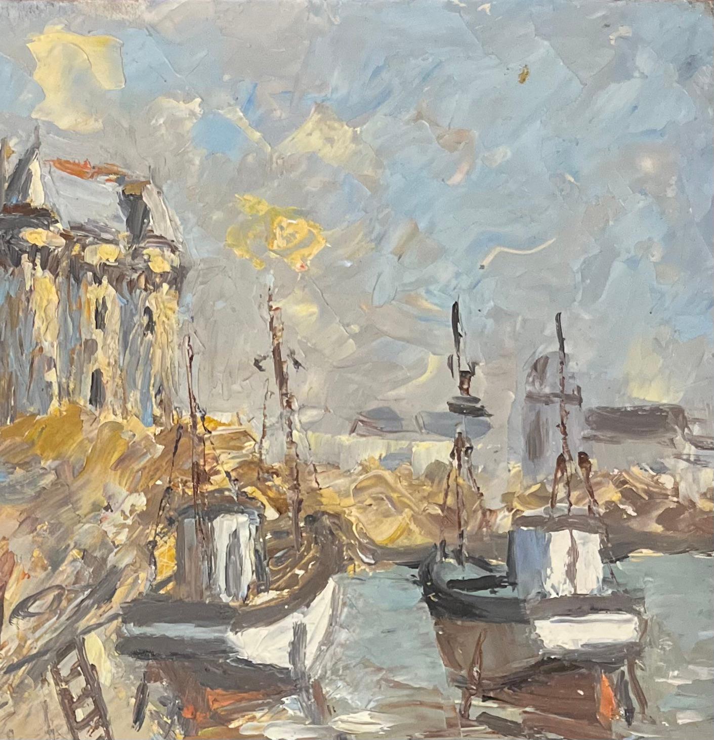 Pintura al óleo impresionista francesa de un pueblo costero con barcos atracados en venta 1