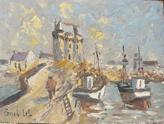 French Impressionist Oil Painting of a Coastal Village with Boats Docked