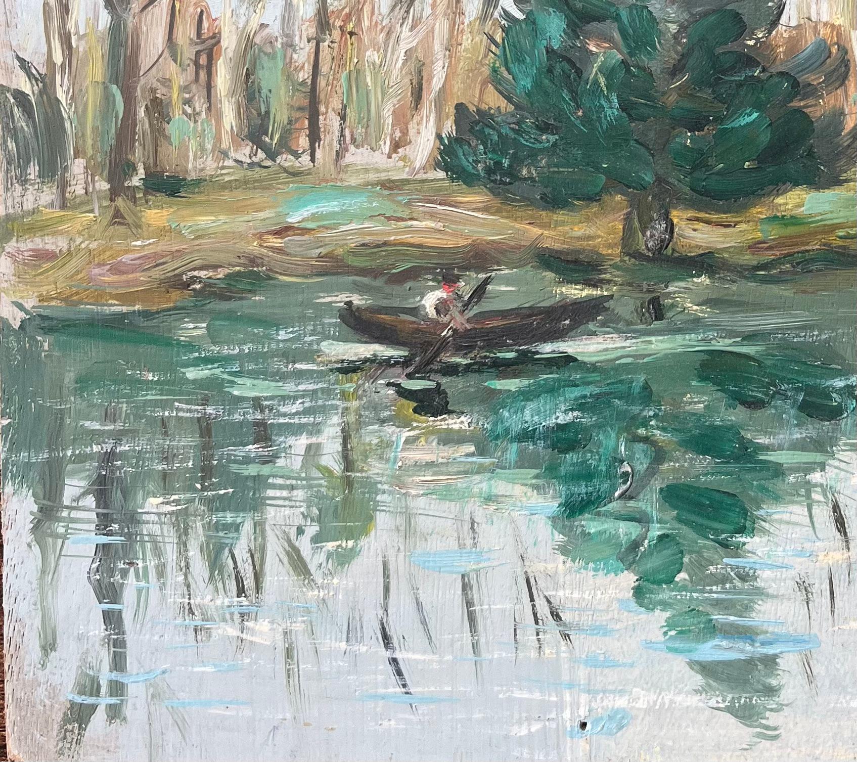 Französischer Impressionist Ölgemälde einer Figur Rudern entlang eines ruhigen Flusses (Impressionismus), Painting, von Fanch Lel