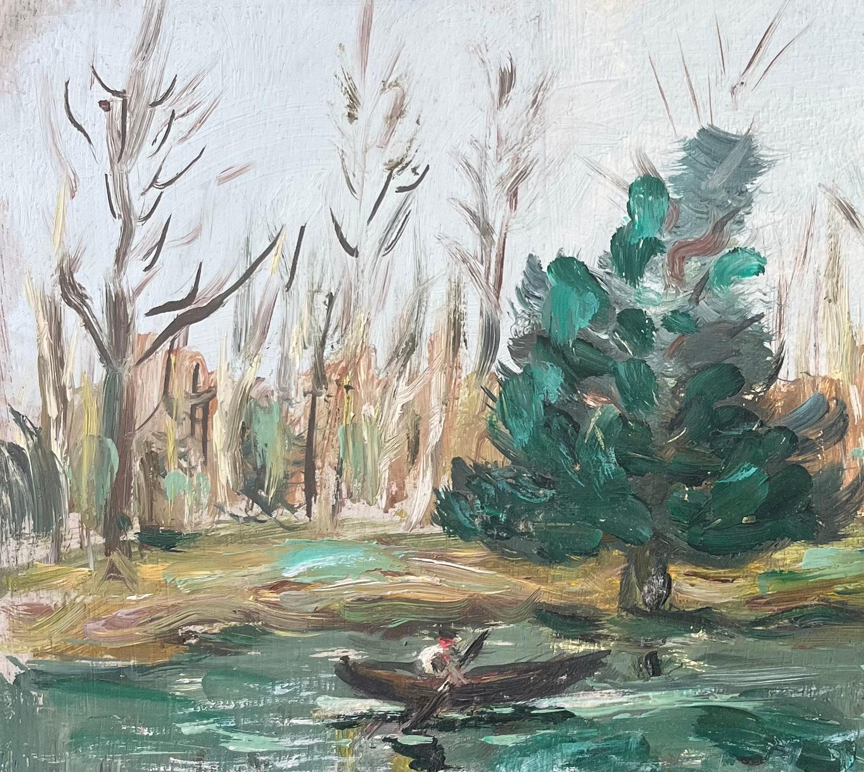Französischer Impressionist Ölgemälde einer Figur Rudern entlang eines ruhigen Flusses (Grau), Landscape Painting, von Fanch Lel