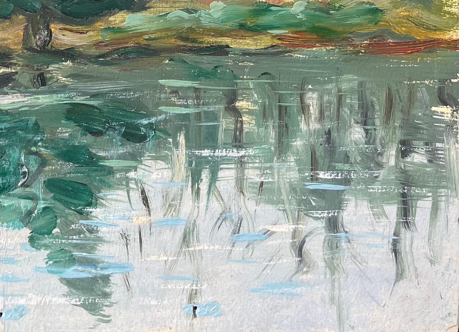 Titel: Französischer Impressionist Ölgemälde einer Figur, die entlang eines ruhigen Flusses rudert
Von Fanch Lel (Franzose, geb. 1930)
Größe: 8,75 x 10,75 Zoll (Höhe x Breite)
Ölgemälde auf Karton, ungerahmt
Zustand: Das Gemälde ist in gutem