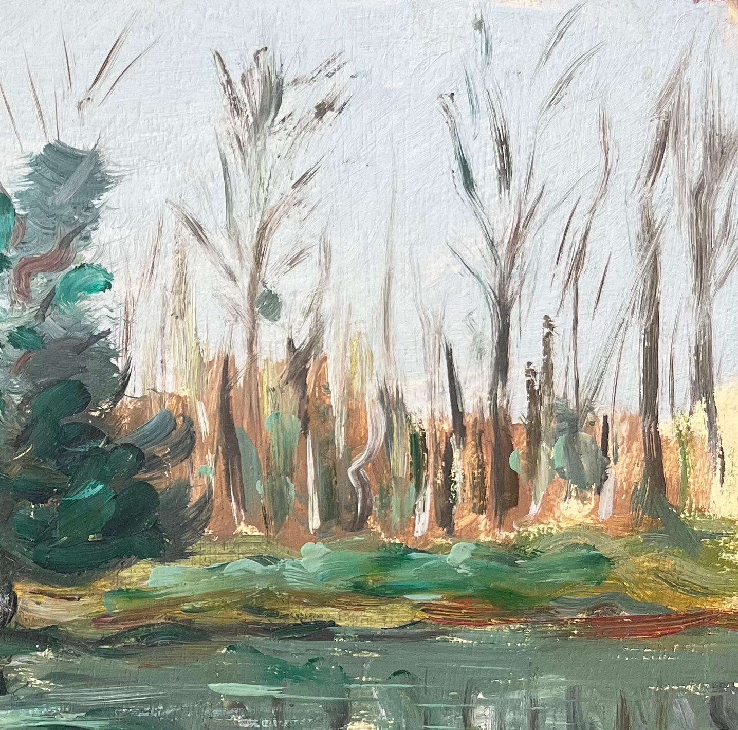 Französischer Impressionist Ölgemälde einer Figur Rudern entlang eines ruhigen Flusses im Angebot 1