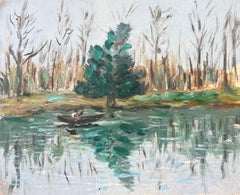 Quadro a olio impressionista francese raffigurante una figura che rema lungo un fiume tranquillo