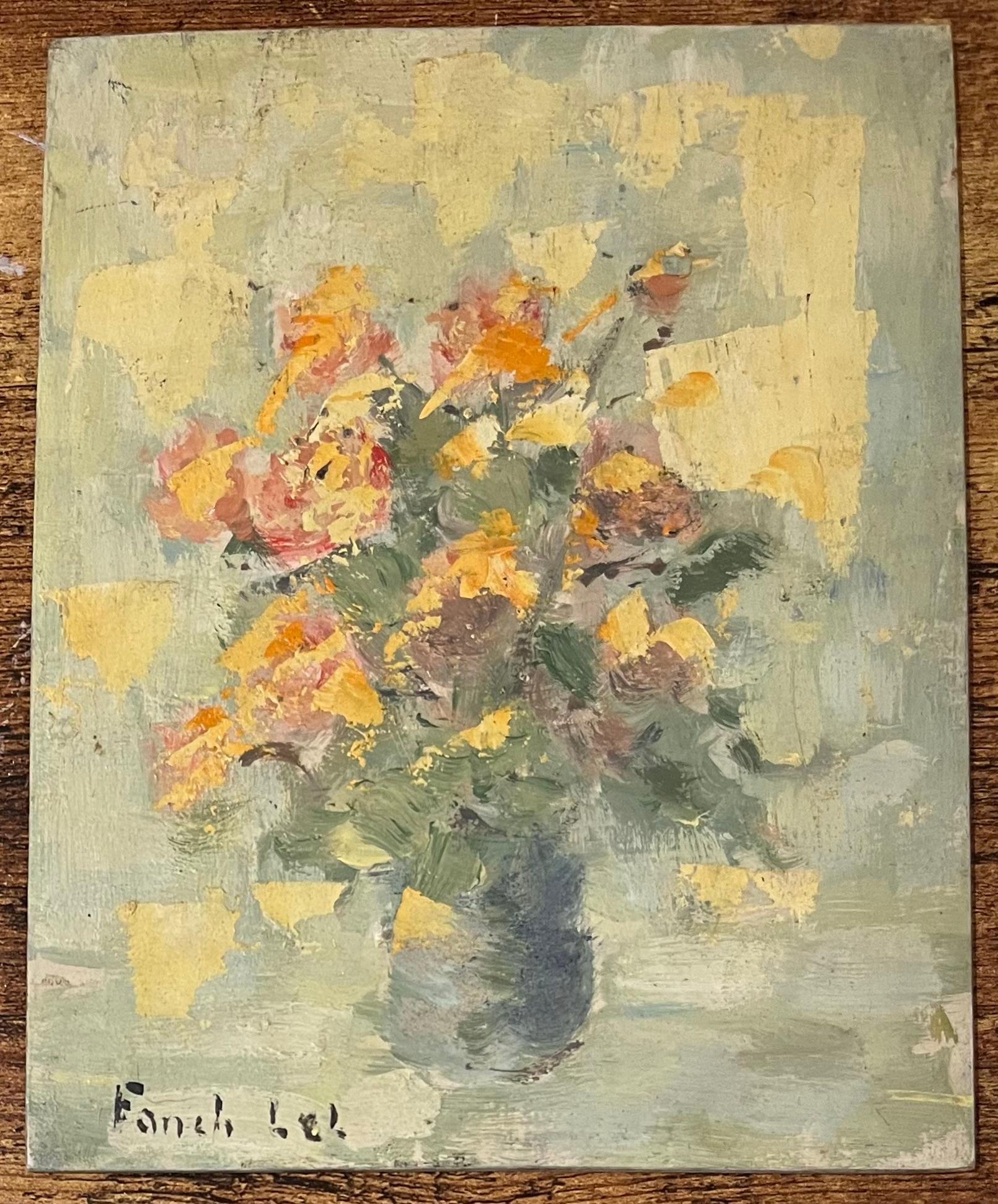 Pintura al óleo impresionista francesa de un arreglo floral en un jarrón - Painting de Fanch Lel