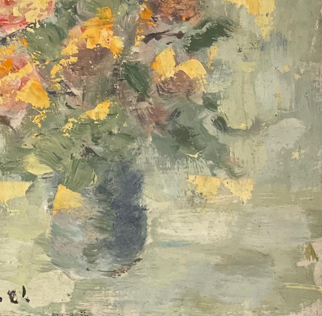 Pintura al óleo impresionista francesa de un arreglo floral en un jarrón - Painting Impresionista de Fanch Lel