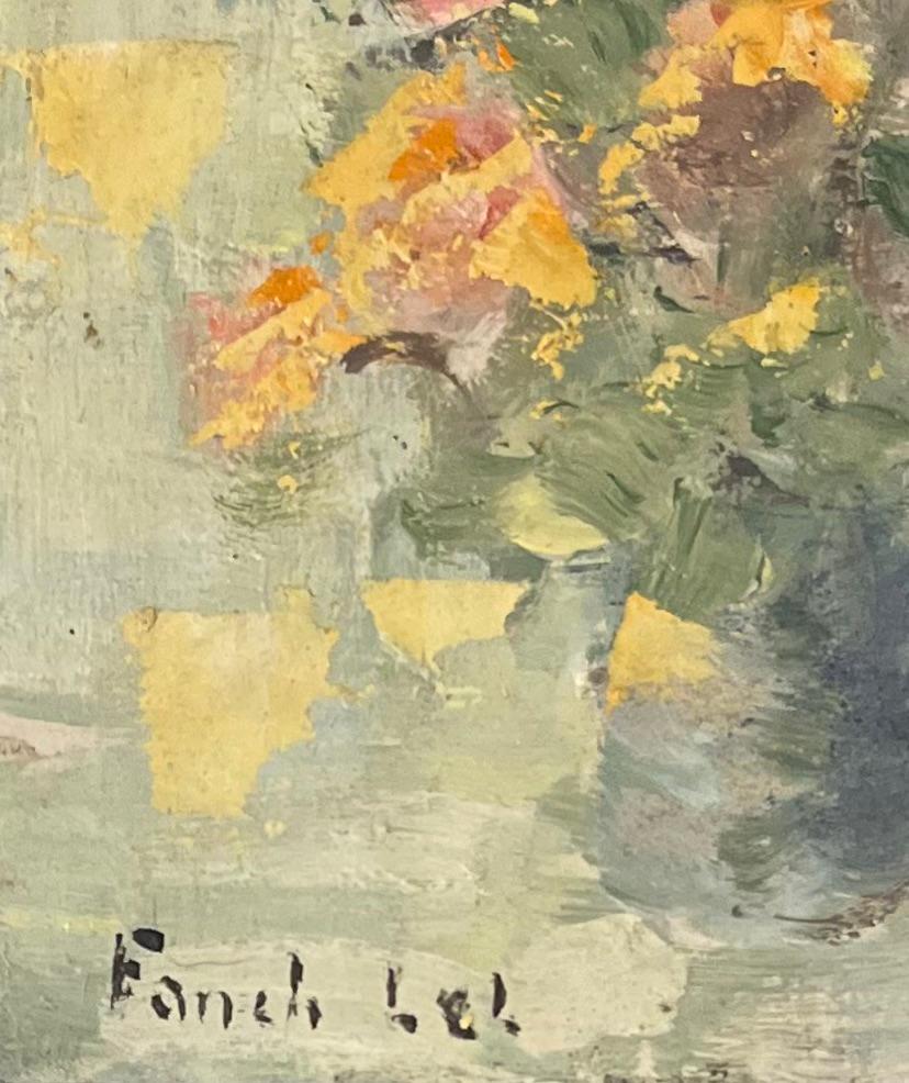 Pintura al óleo impresionista francesa de un arreglo floral en un jarrón - Landscape Painting Beige de Fanch Lel