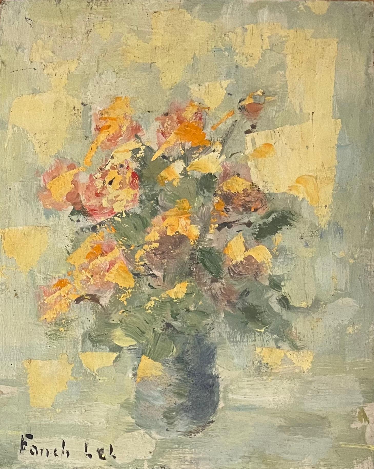 Landscape Painting de Fanch Lel - Pintura al óleo impresionista francesa de un arreglo floral en un jarrón