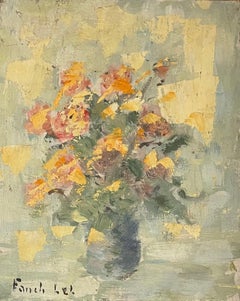 Pintura al óleo impresionista francesa de un arreglo floral en un jarrón