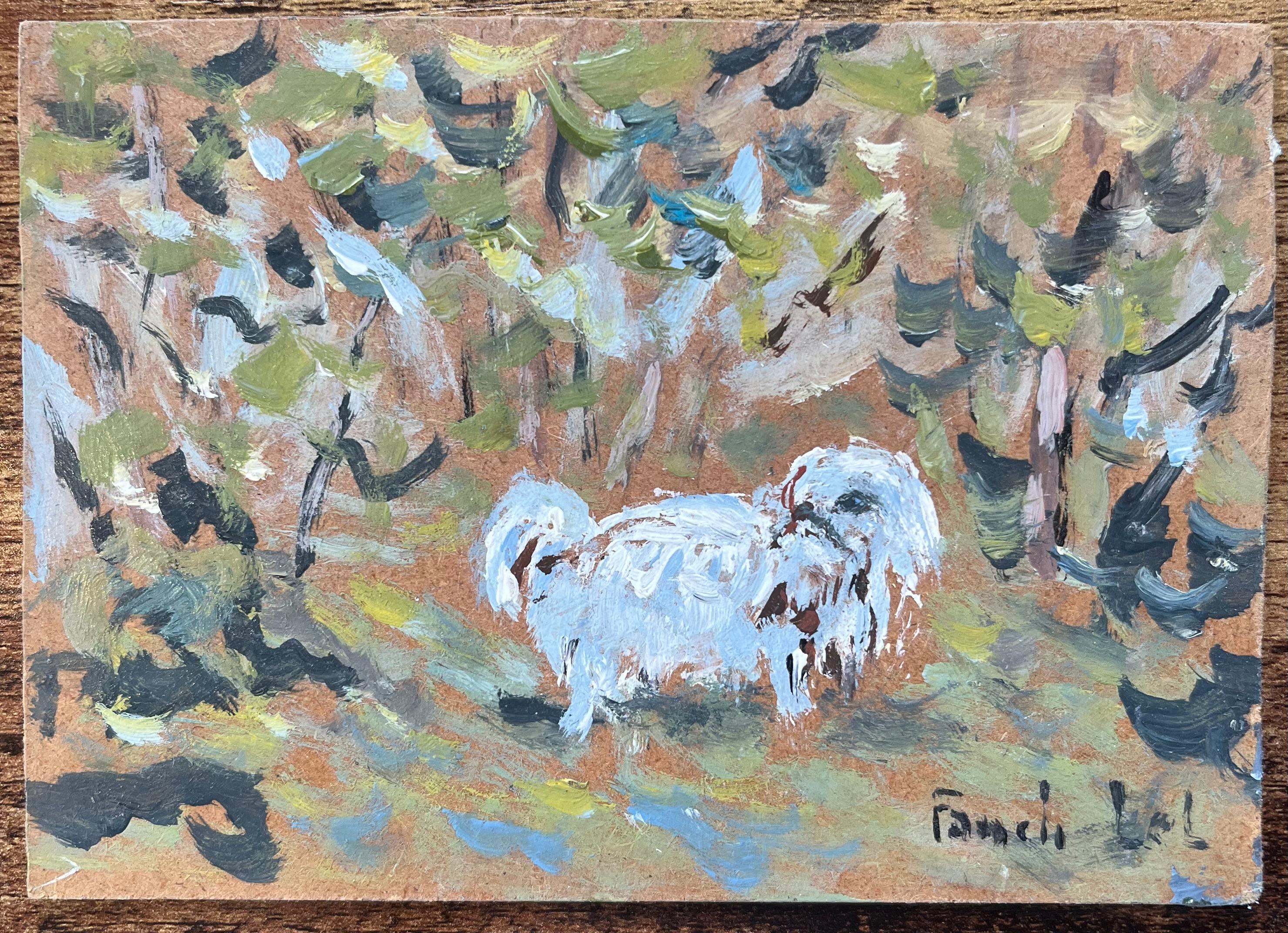 French Impressionist Oil Painting of a Fluffy White Dog on a Walk - Gray Figurative Painting by Fanch Lel